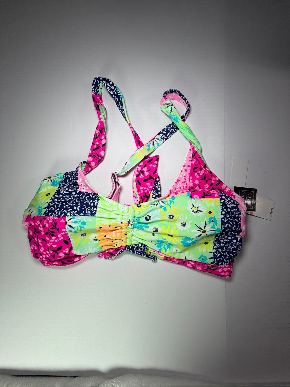 Salt + Cove Pink, Navy & Lime Floral Bikini Top patchwork